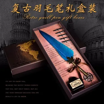 

High Quality Antique Quill Feather Dip Pen Writing Ink Set Stationery Gift Box With 5 Nib Wedding Gift Quill Pen Fountain Pen