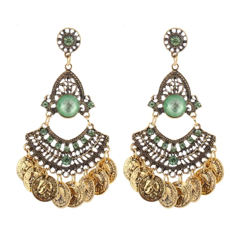 LOVBEAFAS, богемные серьги, модное ювелирное изделие, серьги-капли для женщин, Brincos, монета, кисточка, серьги с кристаллами, Bijoux Femme - Окраска металла: Green