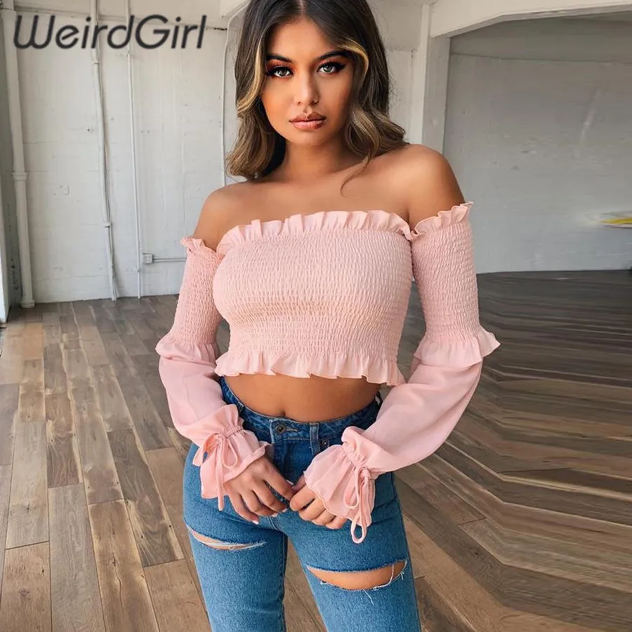

Weirdgirl women fashion t-shirt slash neck long sleeve ruffles slim solid femme tee crop tops elegant elastic summer new 2019