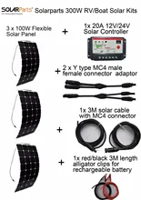Solarparts 300W DIY Kits Solar System 3 x100W flexible solar panel, 1 x 20A solar controller full cable Y type, MC4 wire clips