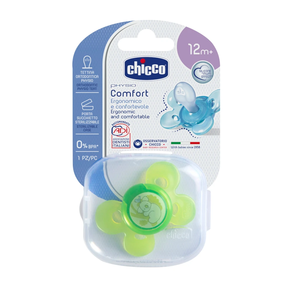 Пустышка Chicco Physio Comfort, 1 шт., 12 мес.+, силикон, "Коала"