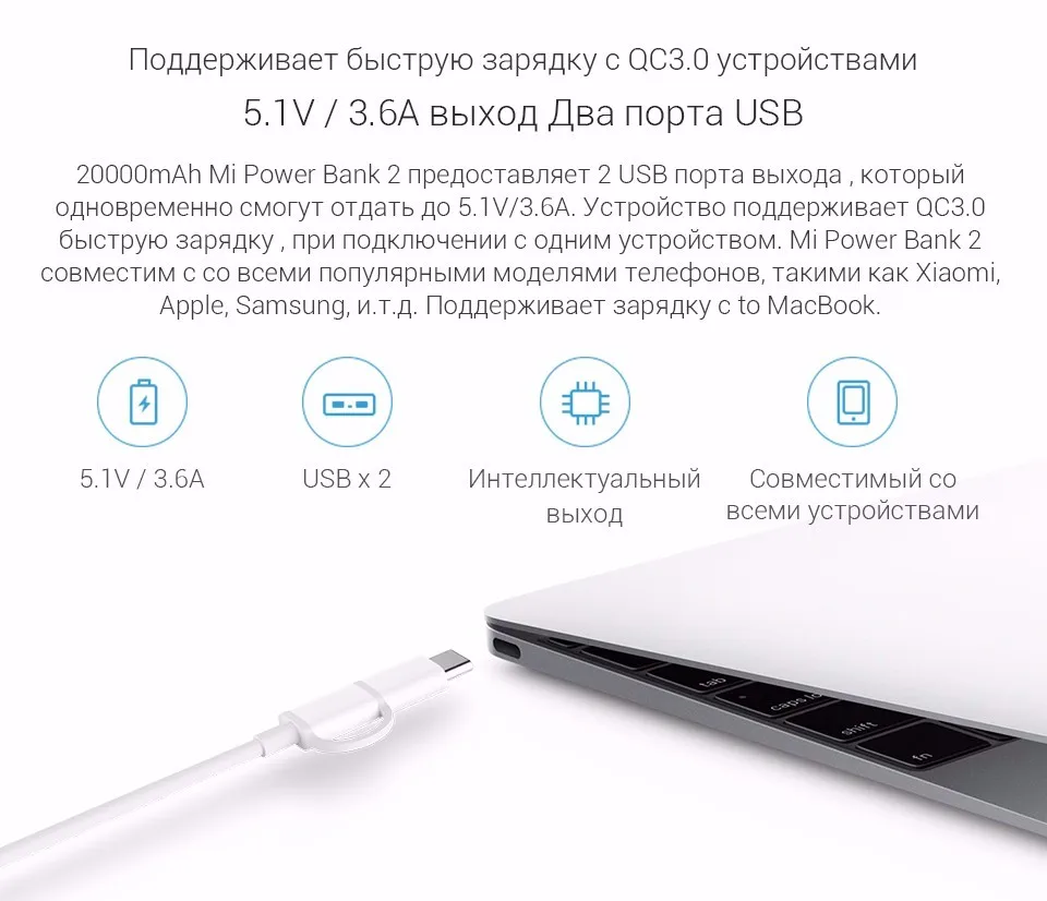 Xiaomi power bank 20000 мАч 2C повербанк внешний аккумулятор с двойным USB выходом