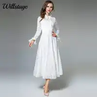 Willstage Long White Lace Dress Women Mesh Jacquard Floral Elegant Party Fairy dress Ruffled Sleeve 2019 Spring Winter Vestidos