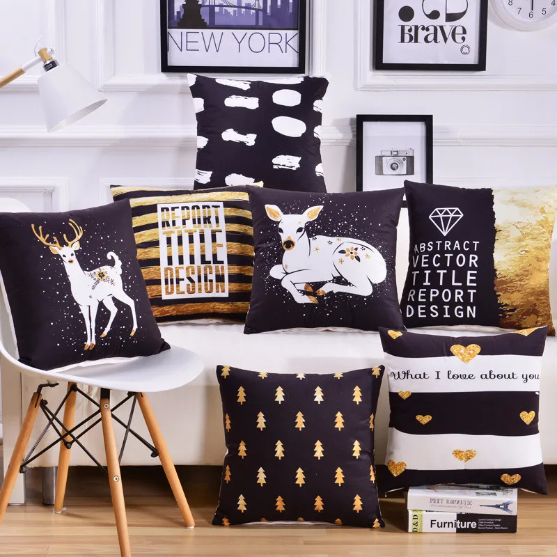 

Christmas Tree Golden Cushion Cover Vintage Deer Pillow Cases Cotton Linen Moose Seat Decor Throw Holiday Pad 45cm 18inch