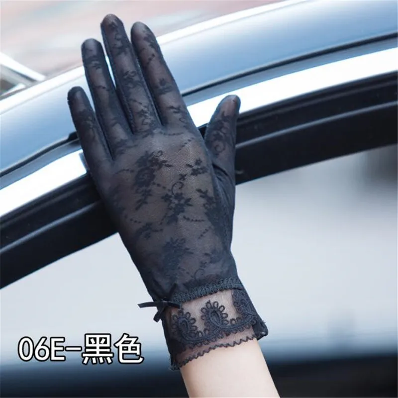 Женские Летние ультратонкие перчатки с 2 пальцами и сенсорным экраном, высокоэластичные кружевные перчатки с вышивкой на открытом воздухе, антиуф-перчатки для бега - Цвет: 06E Black