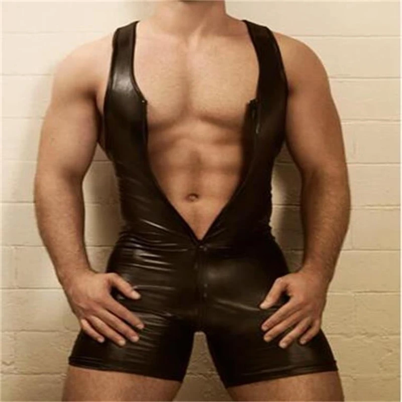  Slim Fitness Men's Bodysuit Body Shaper Sleeveless Jumpsuit Romper Corset Male Leather Boxer Crotch