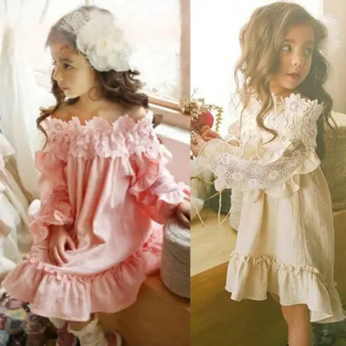 New Kid Baby Girl Lace Dress Ruffled Off Shoulder Latern Long Sleeve Pageant Princess Party Children Summer Sundress |