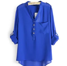 Loose Solid Color Long Sleeve Chiffon Women Blouse White Black Blue Women Chiffon Blouse Metal Buckle V-neck Spring Shirt Tops