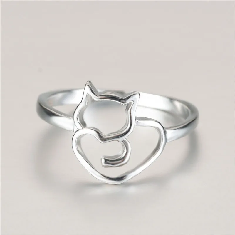 

2018 Fashion Cute Cat Silver Color Ring with Frosting Surface Heart Hollow Romantic Girl's Wedding Elegant Female Love Rings