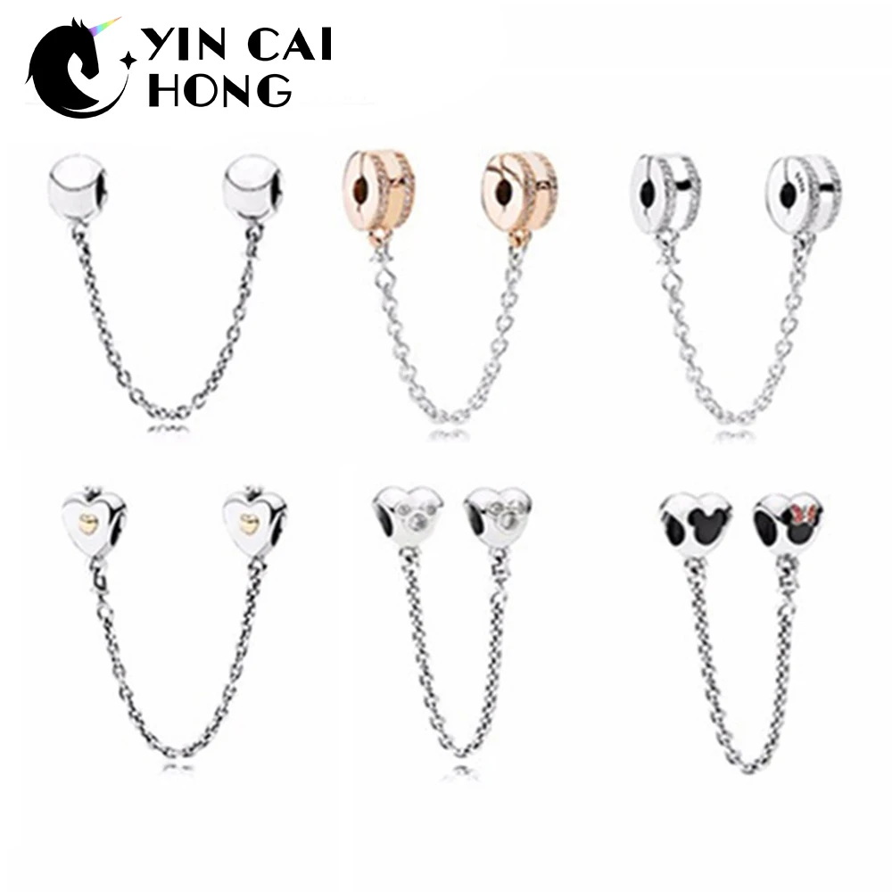 

YCH Genuine 925 Sterling Heart-shapedClear CZ Security Chain of Pearls Charm Fit Original Bracelet Jewelry Safety Chains