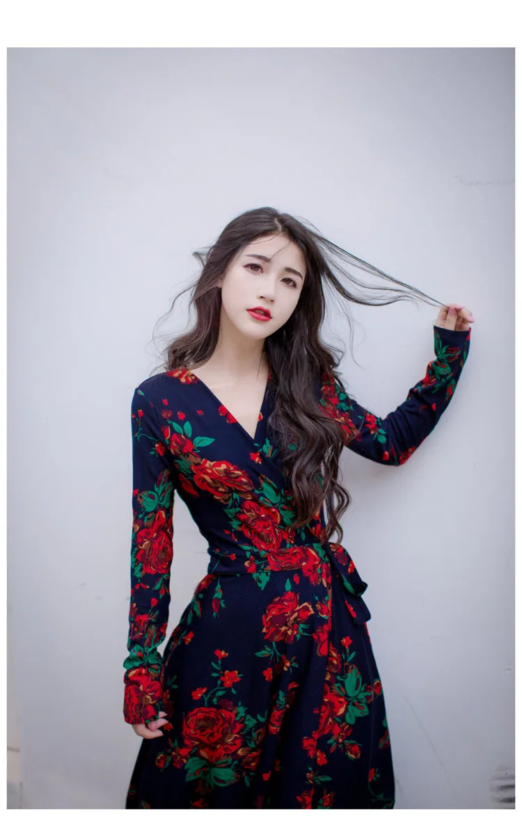 Stylish V-neck Long Sleeve Tie-waist Big Hem Print Dress (8)