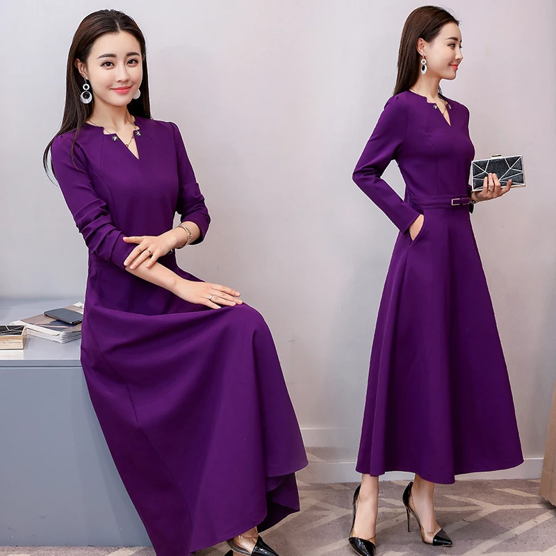 

spring elegant Women purple V Neck Pleated Women Dress Fashion Vintage Bandage Long Sleeve Party Women Dresses Vestidos