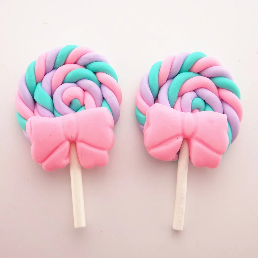 10pcs/lot 28*42MM Kawaii Soft Clay Rainbow Lollipop Cabochons Handmade Resin Material DIY Hair Bow Decorative