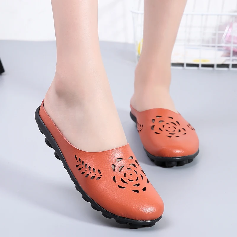 Casual Summer Shoes Woman Genuine Leather Flats Women Hollow Women's Loafers Female Solid Shoe Large Size 35-44 n794