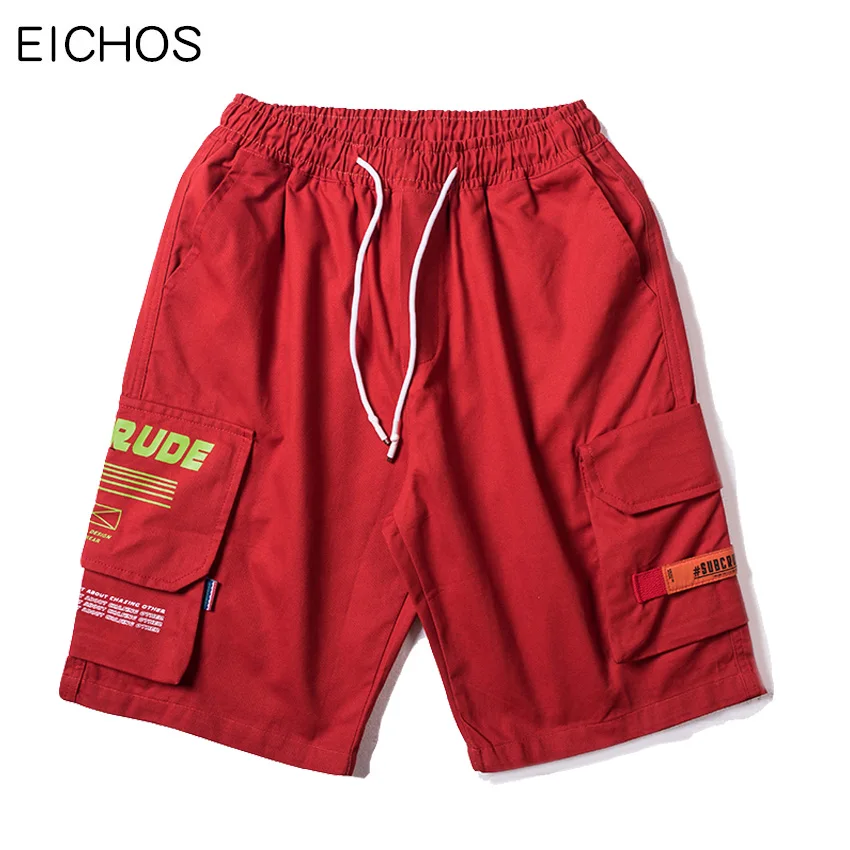 

Mens Cargo Shorts Side Ribbon Multi Pockets Beach Shorts Streetwear Summer Cotton Men Hip Hop Baggy Straight Shorts EICHOS
