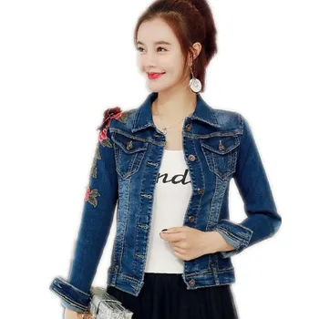 

Fashion Appliques Flowers Women Spring Jacket Female Denim Short Button Slim Coats Denim Turn-Down Collar 2019 New Jacket CQ2844