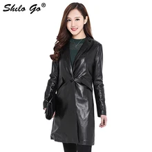 Модное женское высококачественное роскошное пальто из овечьей кожи, на пуговицах, с отворотом, Формальное, офисное, OL, с длинным рукавом, черное, из натуральной кожи