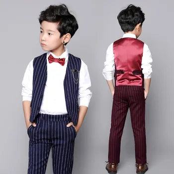 

Big Size 5 Parts Boys Striped Vest Pants White Shirt Tie Brooch Formal Wine Kids Vestidos For Party Wedding Children Prom Vest
