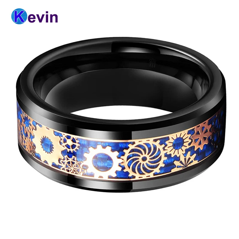 Черное обручальное кольцо вольфрамовое кольцо 8 мм с механическим зубчатым колесом из розового золота голубое углеродное волокно инкрустация скошенными краями комфортная посадка