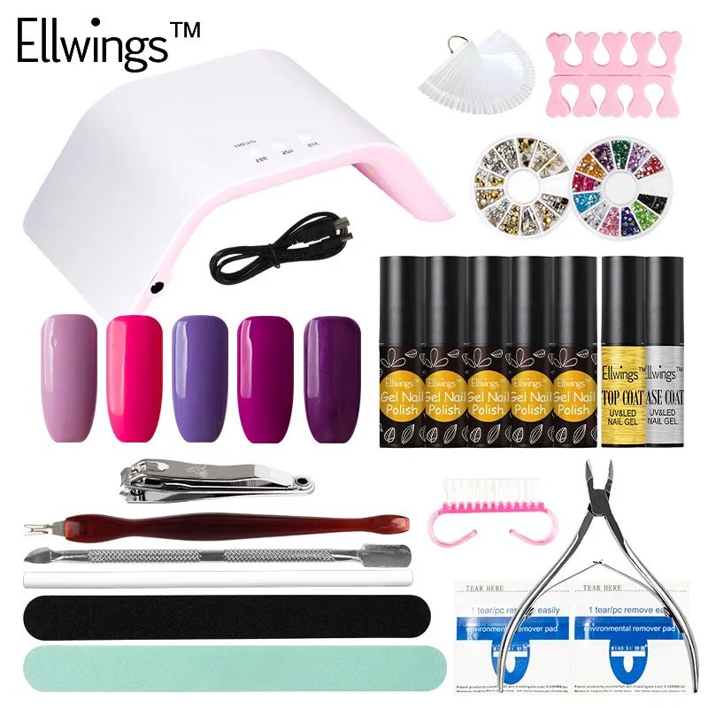 

Ellwings 24W LED UV Lamp Choose 5pcs Color Coat Nail Gel Polish Nail DIY Tool Nail Paint Gel Lacquer Nail Art Design Kits