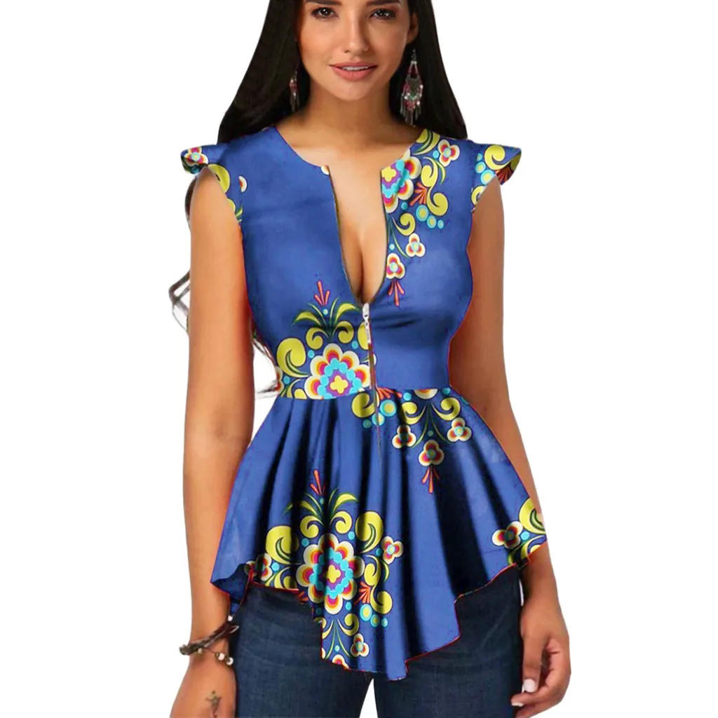 

SAGACE Women's Summer Blouse Casual Slim Slit Women Summer Zipper African Printing Sleeveless Tunic Casual Shirt Tops Blouse
