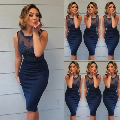 

Women Sexy Bodycon Sleeveless Patchwork Lace Floral Mesh Round Neck Solid Clubwear Bandage Casual Pencil Dress