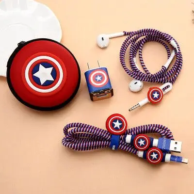 Красивый милый мультфильм USB кабель наушники протектор набор с кабелем Стикеры для намотки Спиральный шнур протектор для iphone 5 6 6s 7plus - Цвет: Captain America