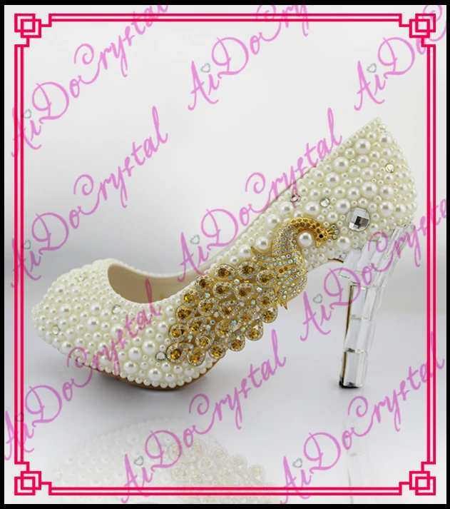 Aidocrystal elegant white pearls clear heel 10cm high heel shoes handmade peacock decorate high 