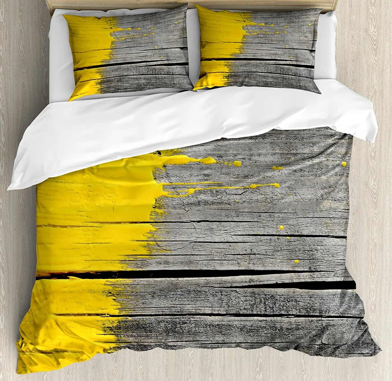 

Duvet Cover Set, Ancient Wooden Board with Yellow Paint Splashes Brush Stroke Grunge Design Elements, 4 Piece Bedding Set