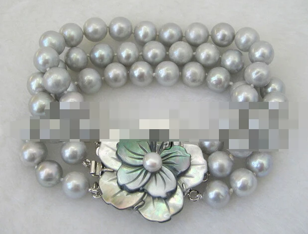 

1026 3row gray round freshwater pearl bracelet-shell clasp