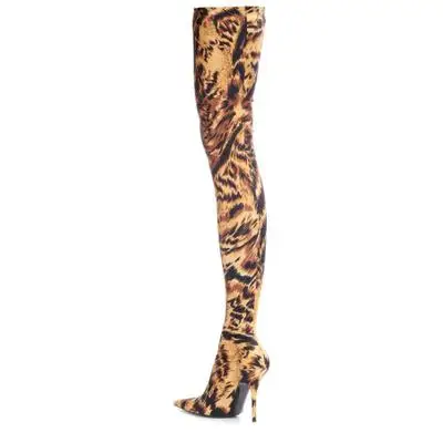 

Newest Style Women Sexy Leopard Pointed Toe Long Boots Autumn Fashion Slip On Knee-High High Thin Heel Booties High Quality