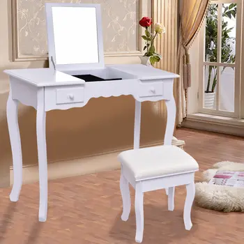 

Giantex White Vanity Dressing Table Set Mirrored Bathroom Furniture With Stool Table Modern Make Up Dressers Desk HW56231WH