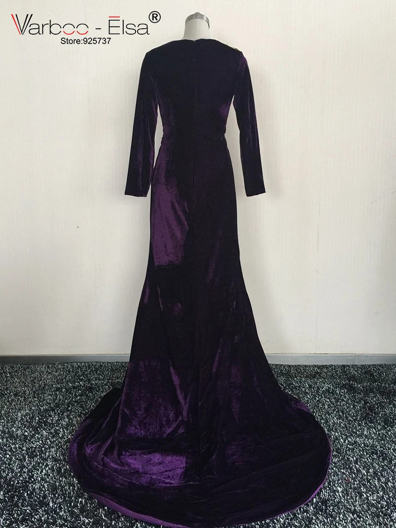 VARBOO_ELSA фиолетовый бархат Русалка вечернее платье, пикантное высокое Разделение платье для выпускного вечера арабский официальная Вечеринка Восточное вечернее платье с v-образным вырезом; vestidos