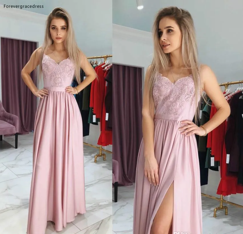2019 Hot Selling Peach Prom Dresses A Line Spaghetti Straps Split Evening Gowns Cheap with Appliques  115 (2)