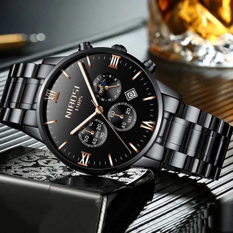 

Nibosi Watches Chronograph Watch Men's Wristwatches Moon Phase Quartz Analog Clock Male Military Mens Watches Top Brand Luxury