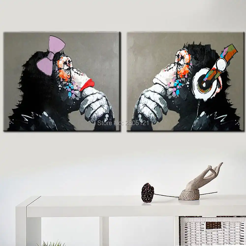 Tangan Dicat Dinding Seni Hewan Lukisan Minyak Hitam Putih Abu Abu