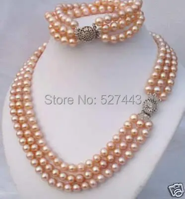 

Wholesale free shipping >>>>>Genuine 3Rows 7-8mm Pink Akoya Pearl Necklace Bracelet Set