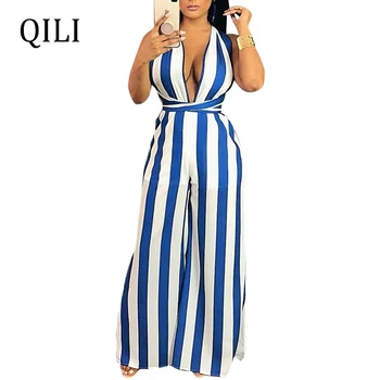 

QILI Women Sleeveless Boot Cut Wide Leg Jumpsuits Sexy V Neck Cross Bandage Backless Striped Jumpsuit Overalls Plus Size S-XXXL