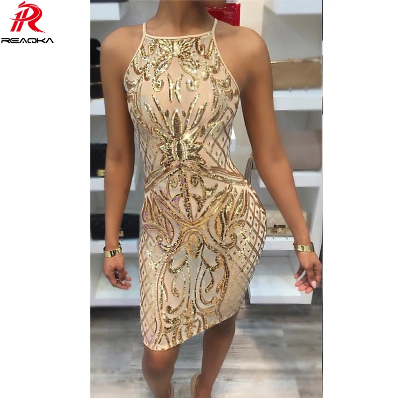 

Reaqka Sexy Women Crystal Bead Sequins Dress Woman 2018 New Arrivals Halter Sleeveless Gold Sequined Club Party Bodycon Dresses