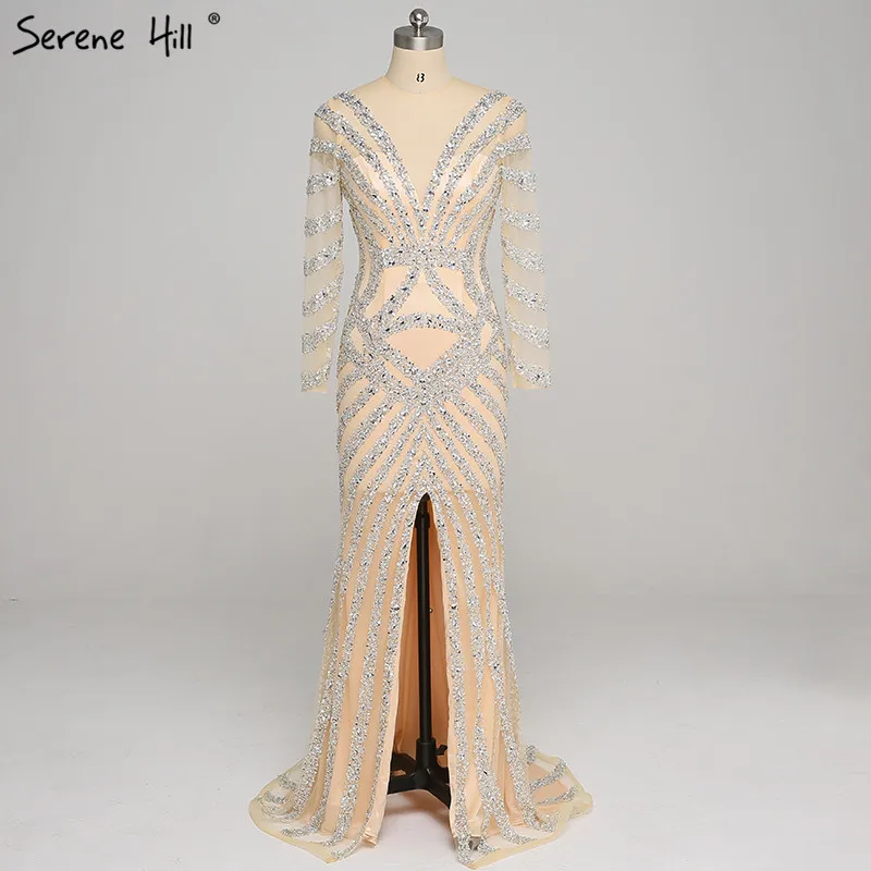 Последняя мода вечернее платье дизайн с длинными рукавами русалка бисером блестками вечерние платья настоящая фотография Serene Хилл LA6281 - Цвет: nude