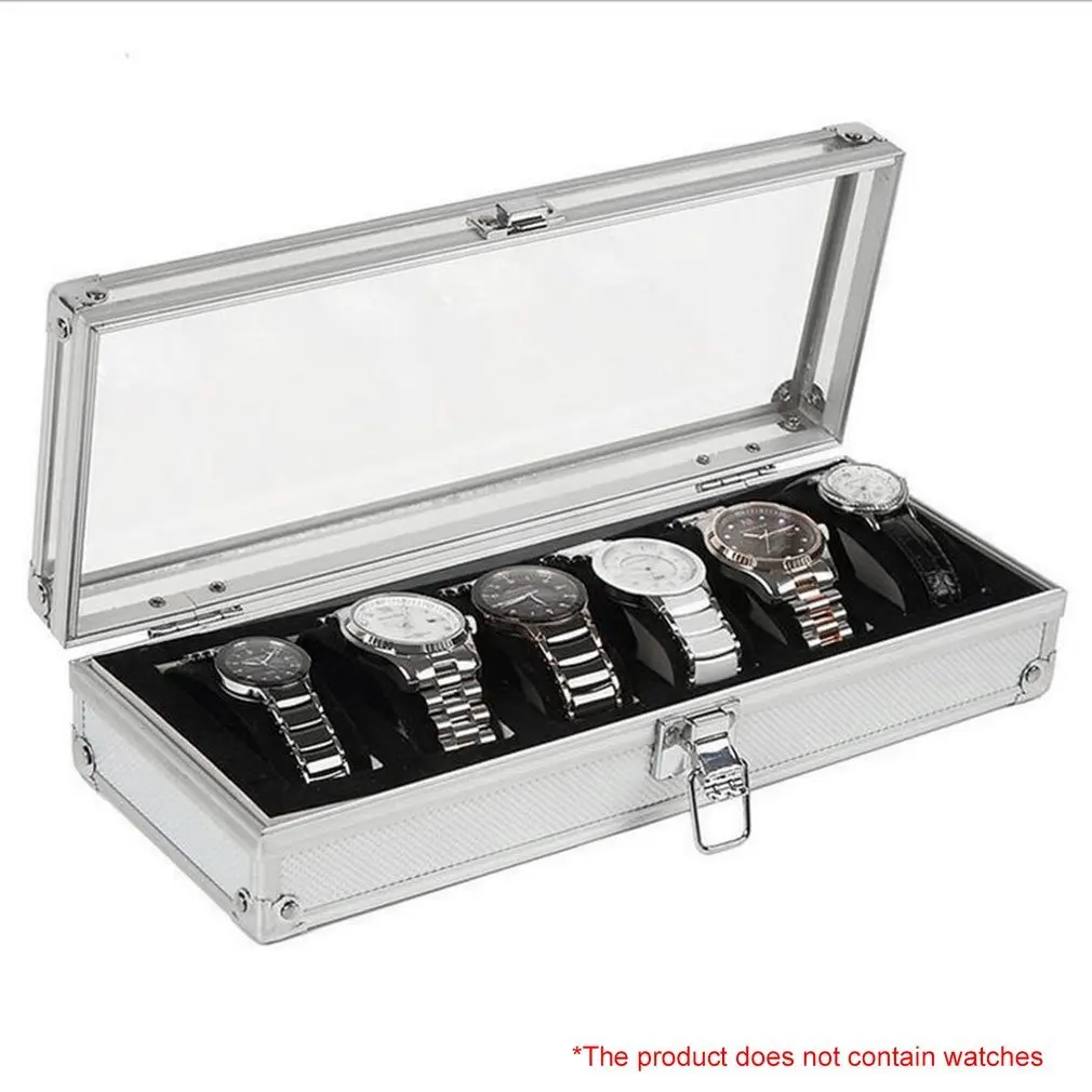 

6 Grid Insert Slots Jewelry Display Storage Case Aluminium Watch Box Organizer Holder Packaging Silver For Men Valentine Gift
