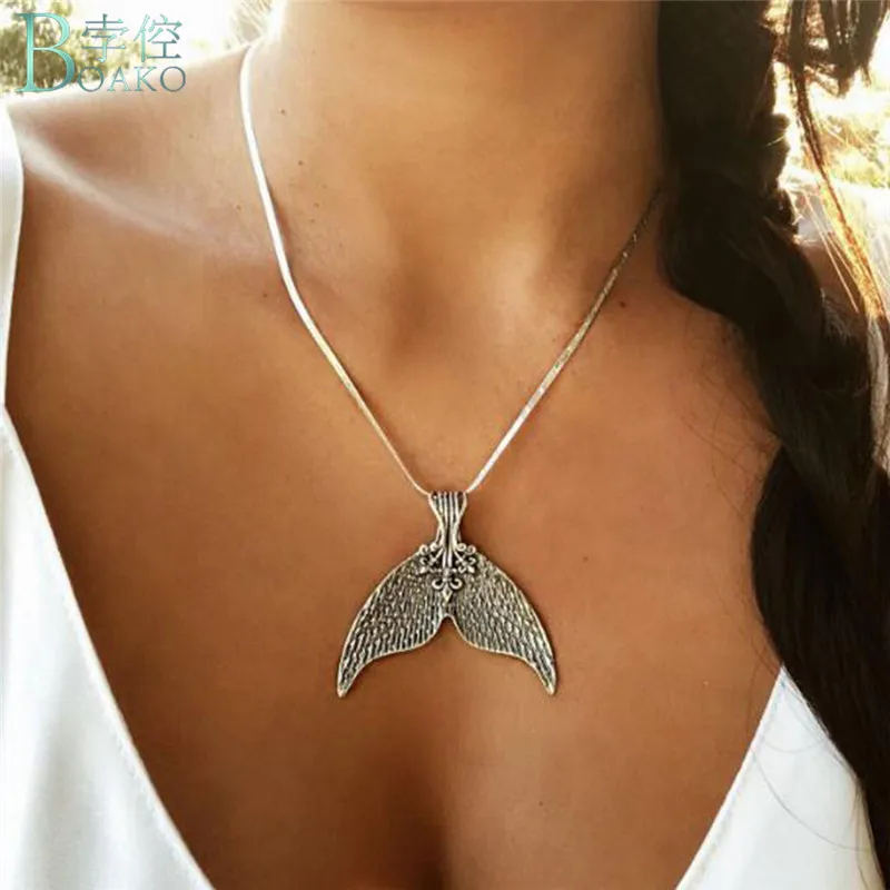 

BOAKO Whale Tail Fish Charm Women Necklace Mermaid Tail Silver Necklace Love Fish Necklaces Jewelery Kolye Collier collare