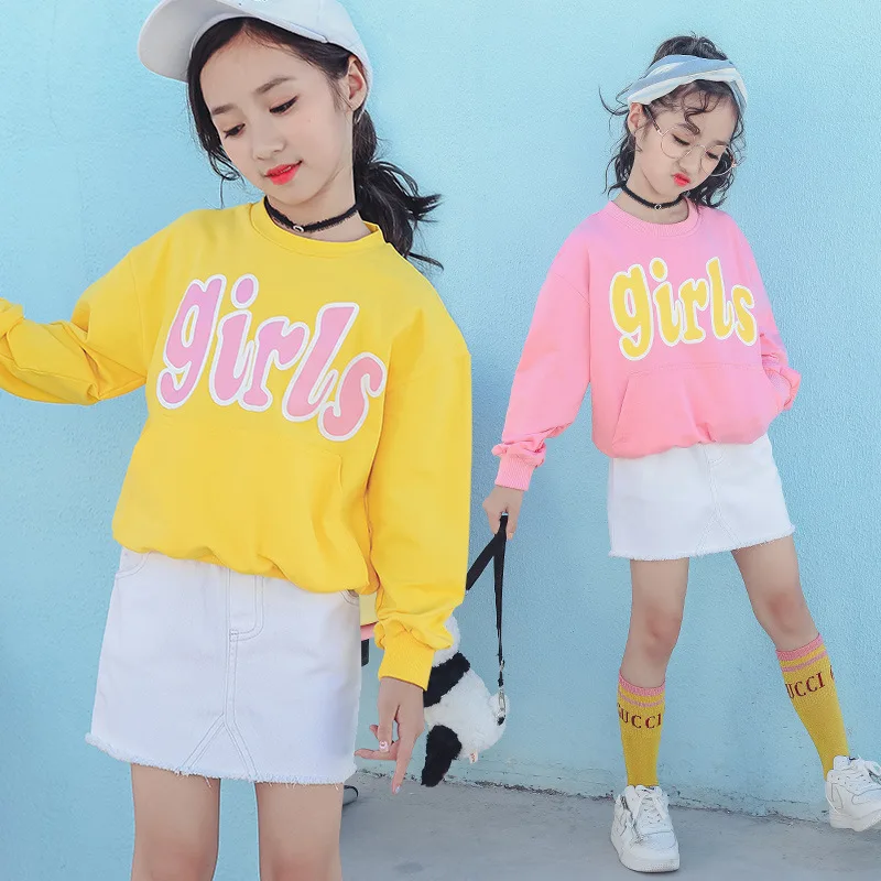 

2019 Spring T-shirt Within Long Sleeves Cotton Girls Shirts Chlidren Tops Pink Yellow Clothes For Teenagers Girls 10 12 14 Years