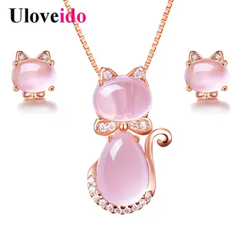

Uloveido Pink Jewelry Sets Women's Rose Gold Color Jewelry Set Cute Animal Cat Earrings and Necklace Charms Engagement 2018 Y404