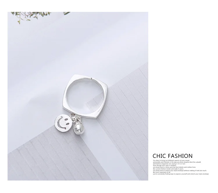 XIYANIKE 925 пробы Серебряное уникальное квадратное Открытое кольцо со смайликом и колокольчиком, подвесное кольцо для указательного пальца, модное ювелирное изделие для женщин, подарки VRS2416