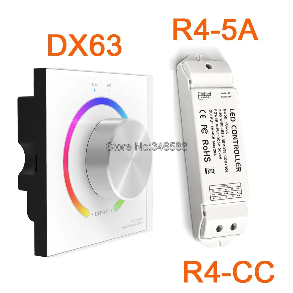 

AC110V-240V DX63 Wall Mount 2.4G Wireless LED Sync RGB LED Controller with Knob Switch DMX512 Ouput & R4-5A R4-CC Receiver