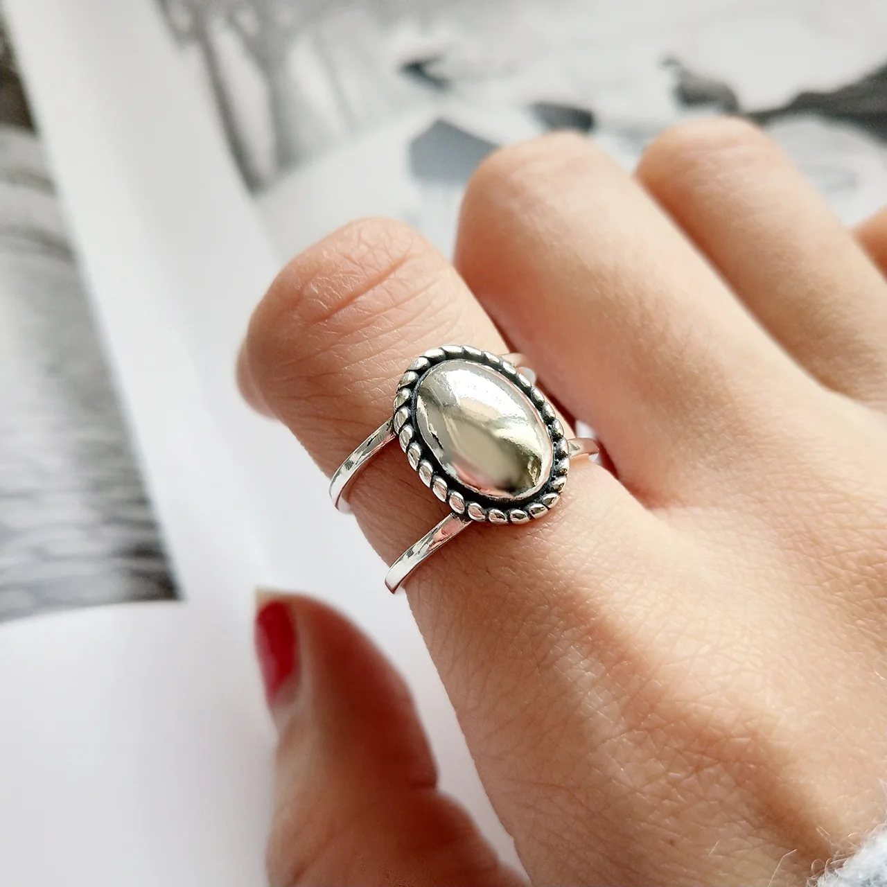 

925 Sterling Silver Double Layer Charm Ring Simple Temperament Retro Do Old Matte Face Ring