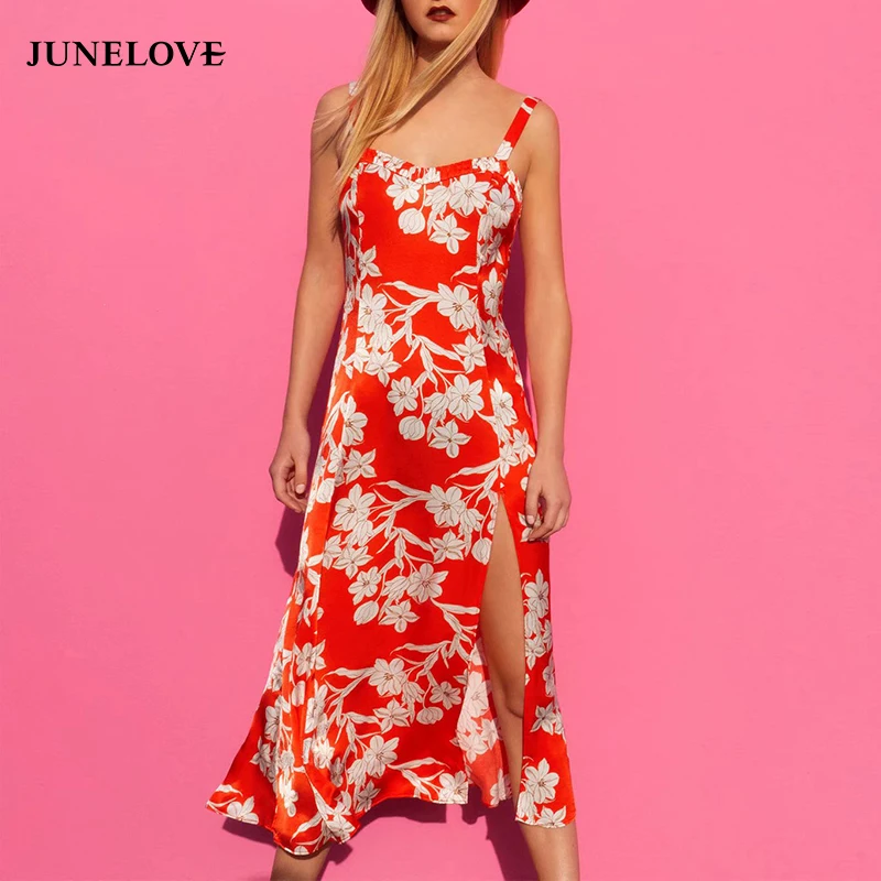 Женское пляжное платье JuneLove винтажное с цветочным принтом и разрезом