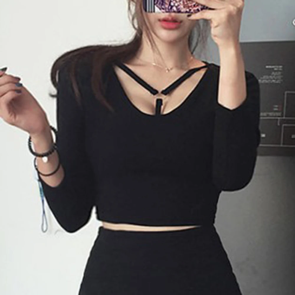 

KLV Women Summer Slim Solid Short T-shirt Sexy Round Neck Long Sleeve Bandage Pullover Crop Top Black Club Harajuku Korean