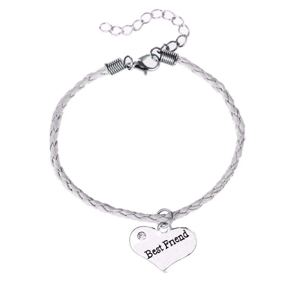 Engraved Best Friend Crystal Heart Bracelets Leather Rope Chain Charm